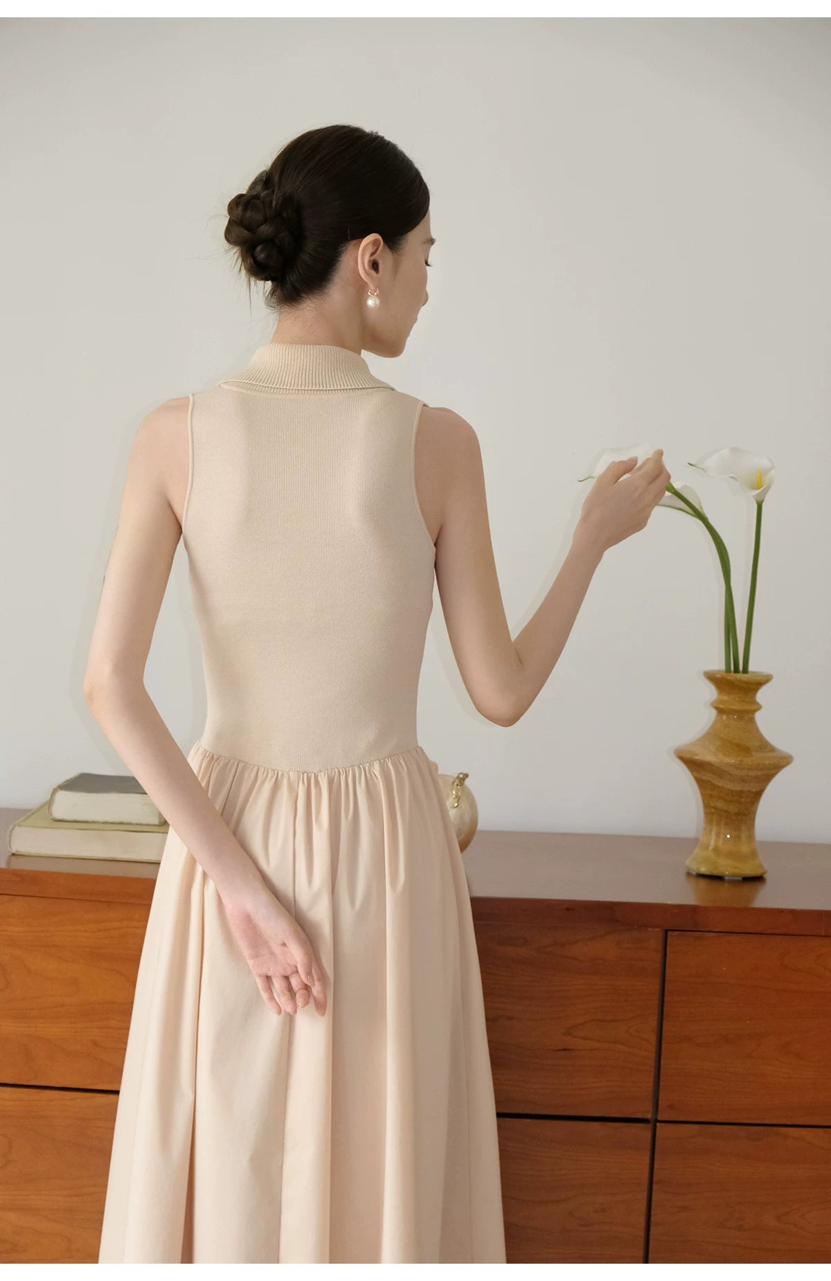 ボウタイニット シフォン切替ロングワンピース