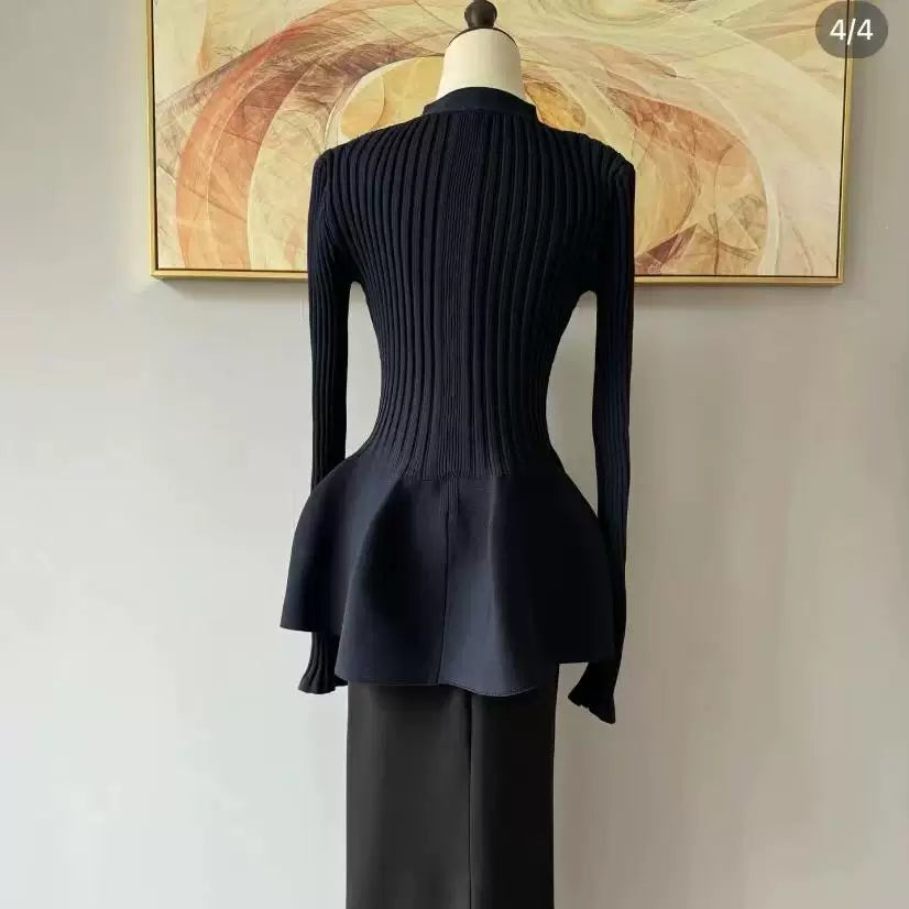 Vネック プリーツウエスト ニットロングカーディガン