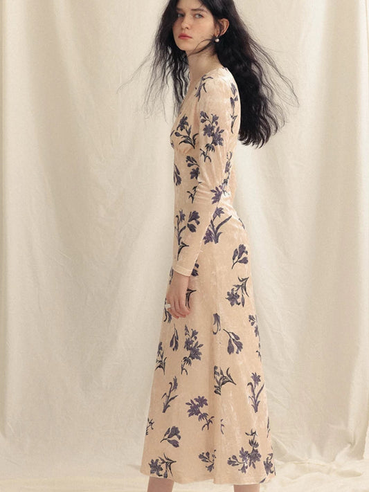 花柄ベルベットロングドレス